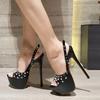 Fashion Metal Rivet Design Platform Sandals Women Sexy Open Toe Back Strap Buckle Stripper Heels Elegant Wedding Banquet Shoes