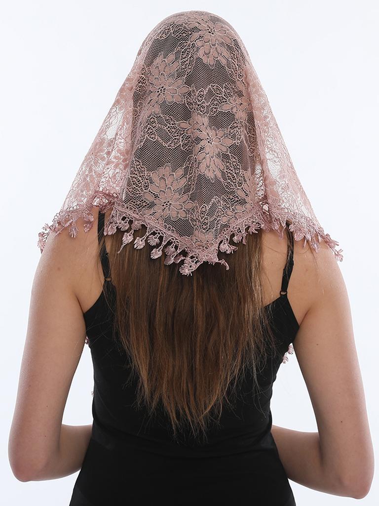 Women Lace Triangle Scarf Floral Embroidery Shawls Muslim Christian Lace Foulard Luxury Veil Hijab Solid Color Tassels Headband