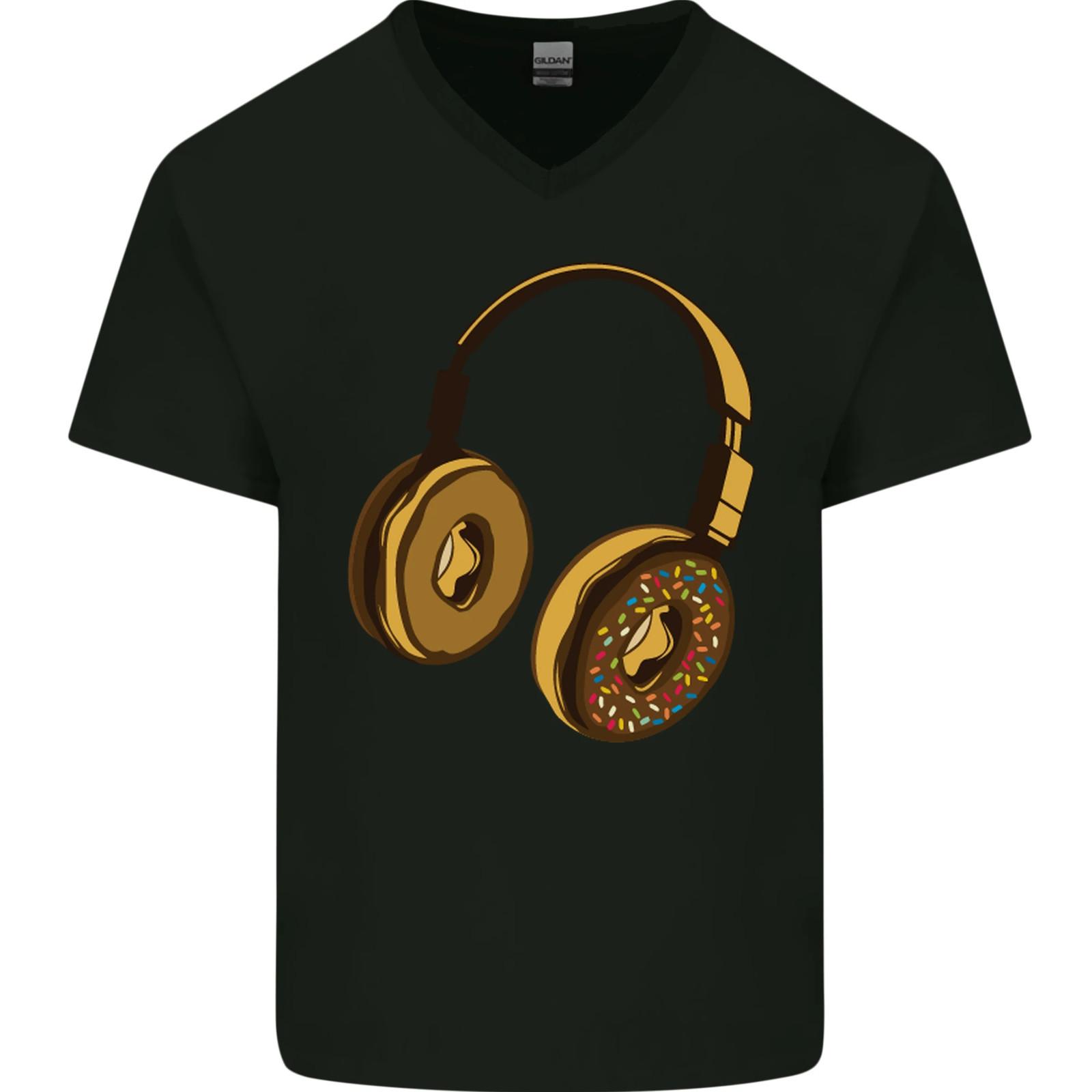Donut Headphones Music DJ DJing Funny Mens VNeck Cotton T-shirt M