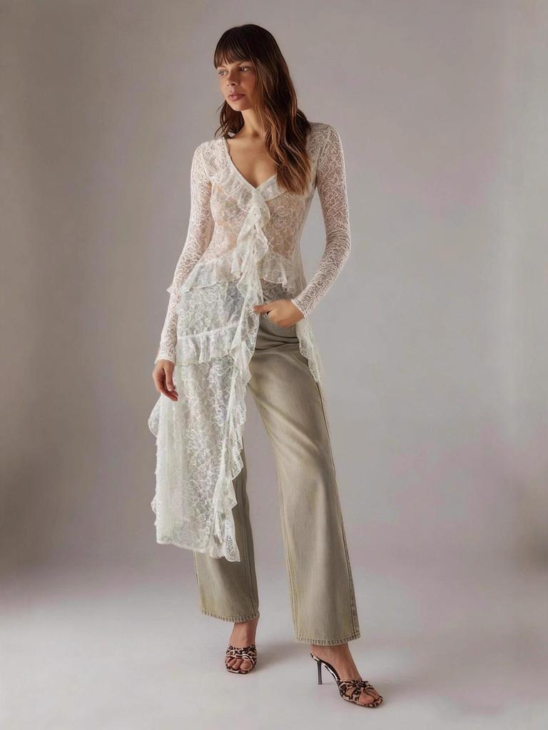 Elegant Resort-Style Lace Cover-Up Dress with Flowing Ribbons