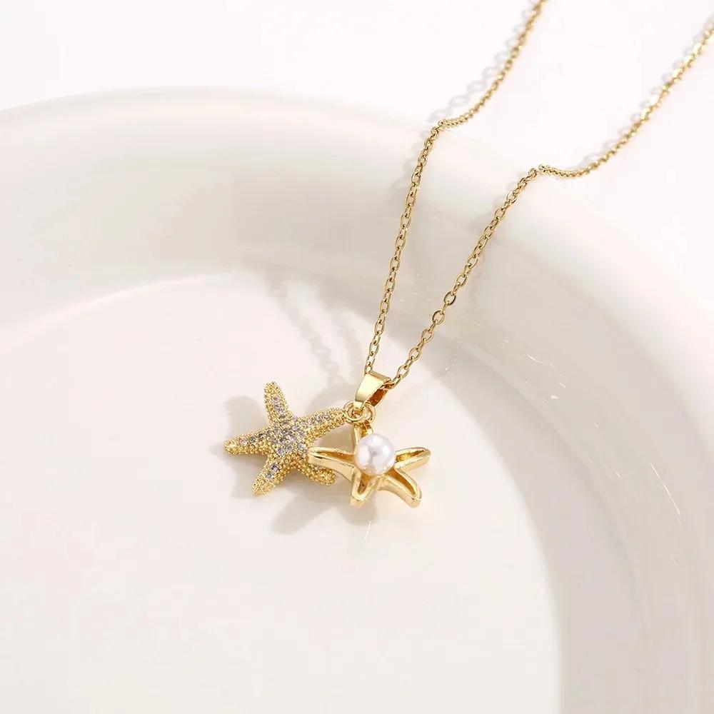 Charm Trendy Full Zircon Starfish Pearl Pendant Necklace for Women Luxury Gold Color Stainless Steel Summer Beach Collar Jewelry