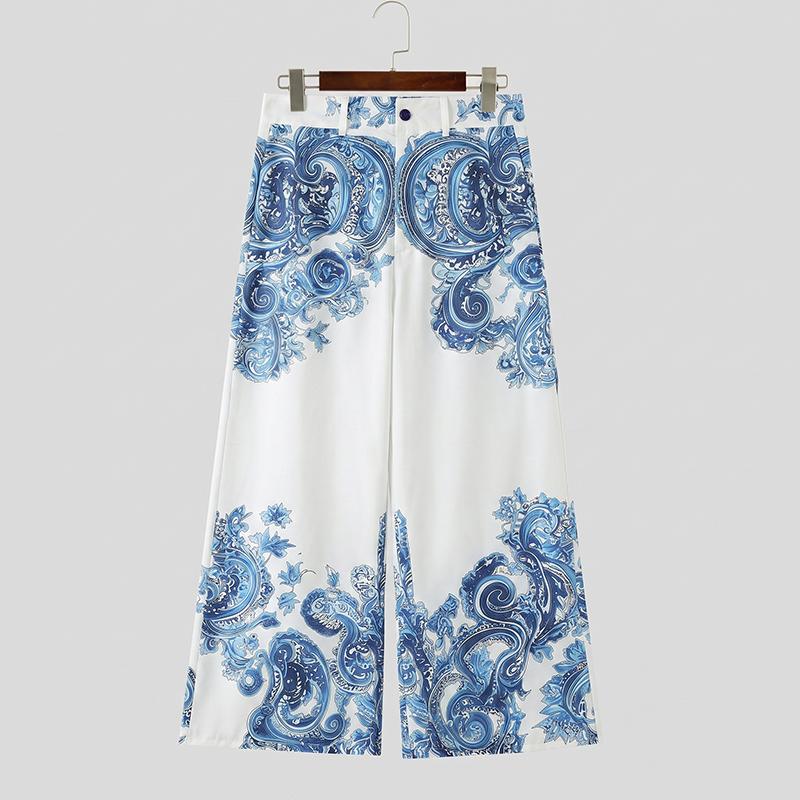 INCERUN Mens Vintage Paisley Print Wide Leg Trousers Casual Loose Straight Pants Bohemian Streetwear High Waist Bottoms