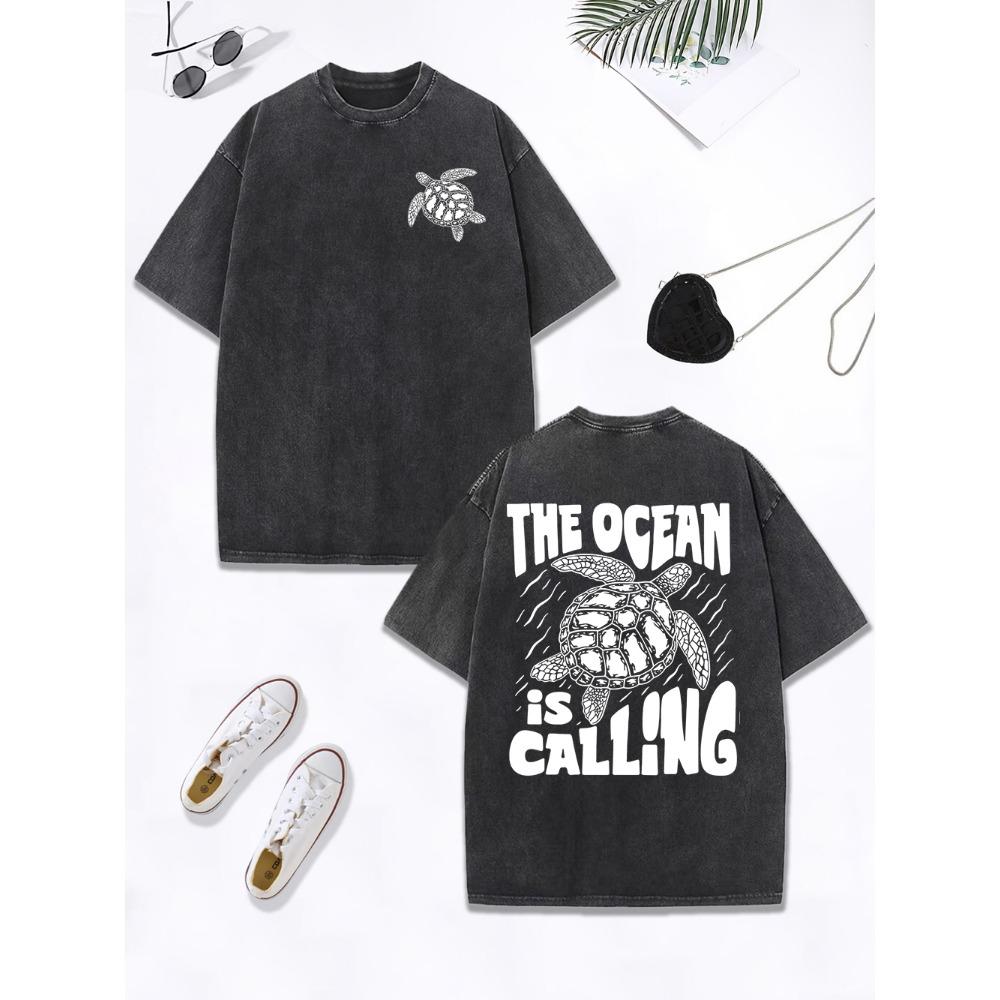 

Sea Turtle The Ocean Is Calling Printing Washed T-Shirt Women Cotton Oversize Tops O-Neck Comfortable T Shirts Clothes S