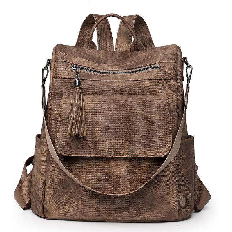 Women's Soft Leather Backpack Large Capacity Student Commuter Schoolbag Tassel Travel Backpack
