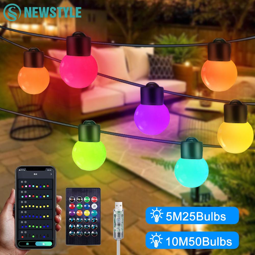 

Новая рождественская светодиодная цветная гирлянда с приложением Smart Outdoor Водонепроницаемая RGB гирлянда 10M 50 лампочек Свадебный Хэллоуин световой декор
