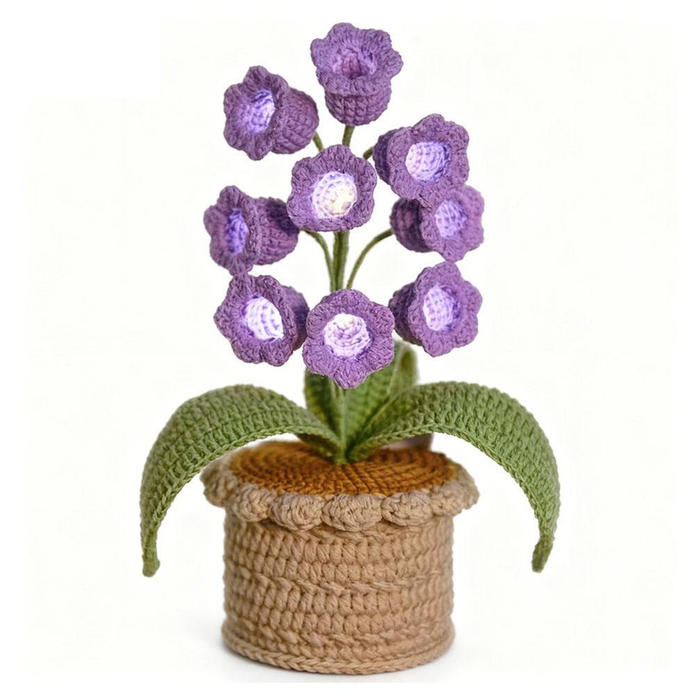 Lily of The Valley Crochet Flowers Artificial Potted Flower with Night Lights Cordless Table Lamp Ornament Desk Home Decorations