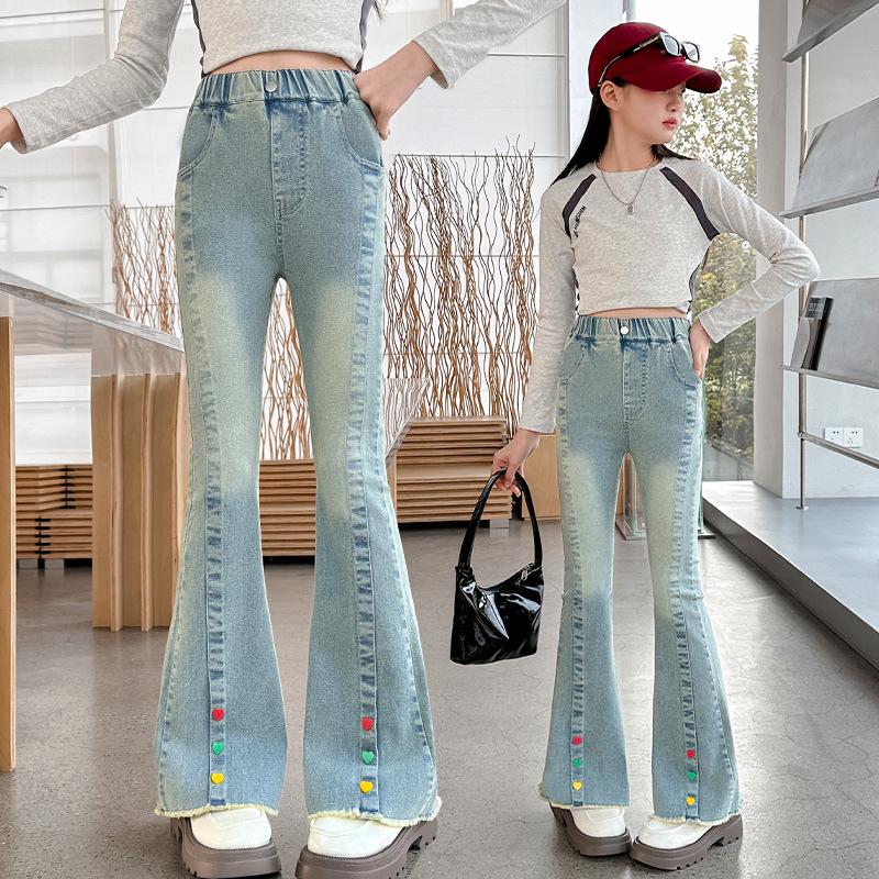 

Girls 2025 Korean Style Heart Button Flared Jeans 130 cm синий