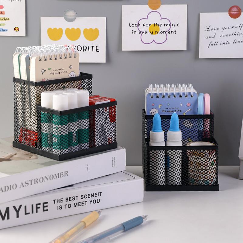 Mesh Desk Organizer Office Supplies Caddy with Pencil Holder and Storage Baskets for Desktop Accessories, 3 Compartments, Black