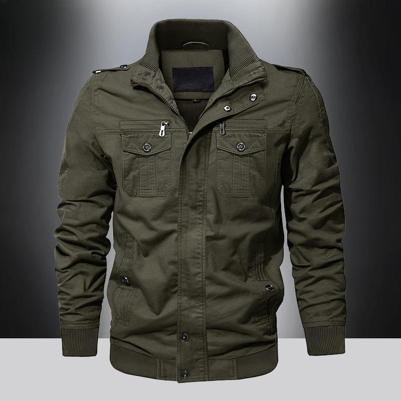 Spring and Autumn Men's Military Jacket Cotton Casual Loose Tooling Jacket Middle-aged and Young Solid Color Multi-Pocket Thin Top Men