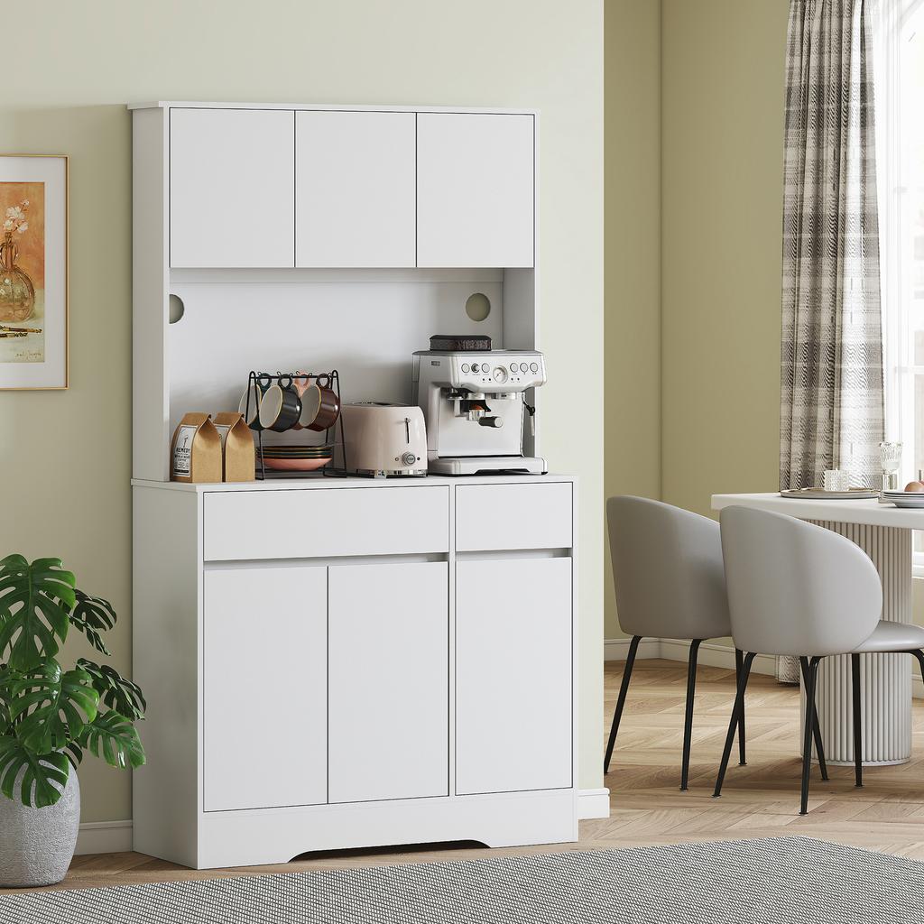 Kitchen Cabinet with Open Worktop, 6 Cabinet Doors, 2 Drawers, Adjustable Shelves, Cable Holes, Chipboard, White