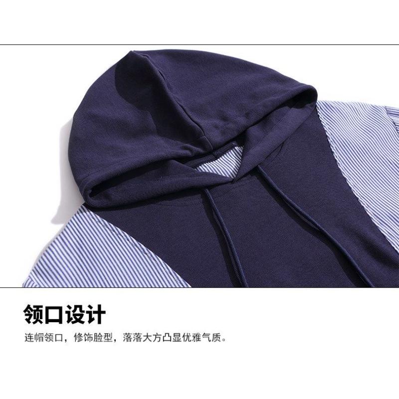 Plus Size Womens Loose Hooded Sweatshirt Middle Age Mom Striped Patchwork Tummy Cover Top