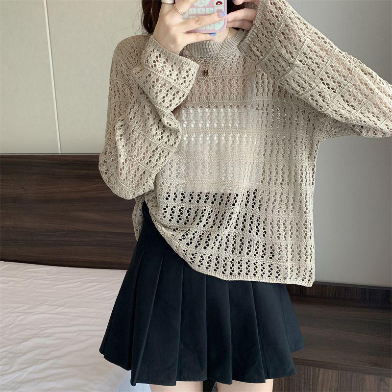 Women's Hollowed Out Knitted Sweater for Spring and Summer Loose Fitting Sun Protection Cover Long Sleeved Unique Top