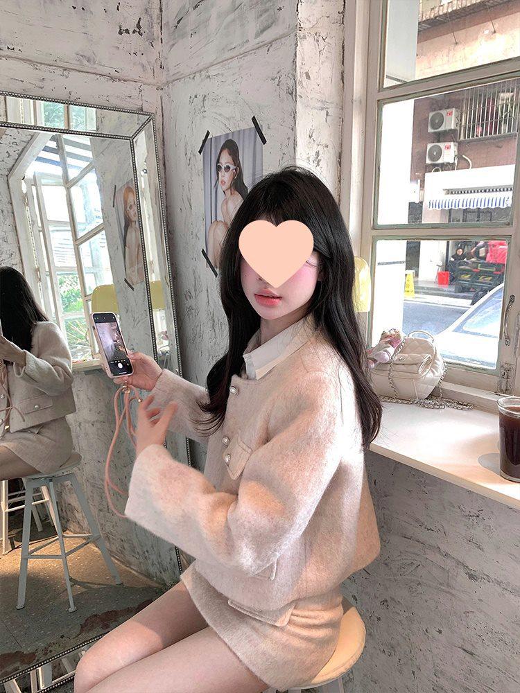 Korean-Style Pink Tweed Coat & A-Line Midi Skirt Two-Piece Set - Chic Spring/Summer Fashion