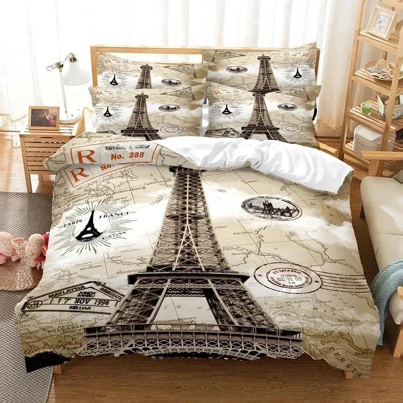 Top Eiffel Tower Bedding Set Boys Girls Twin Queen Size Duvet Cover Pillowcase Bed Kids Adult Fashion Home Textileextile