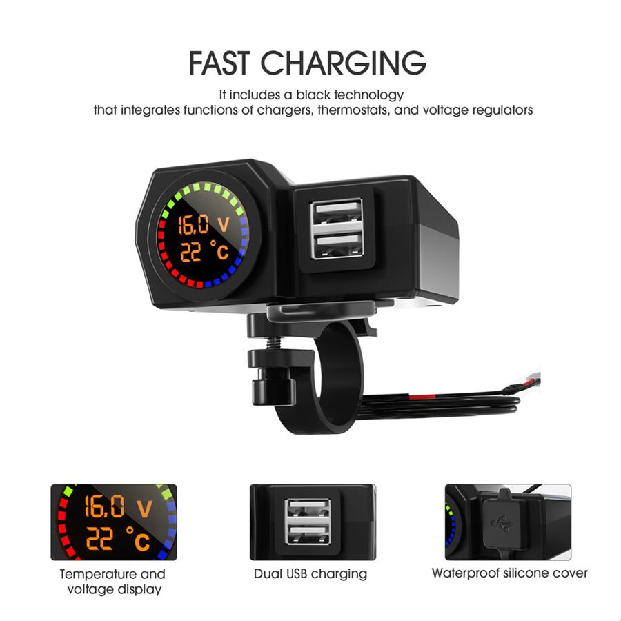 Waterproof Motorcycle Dual USB Phone Charger Adapter w/ Voltmeter & Temp Display