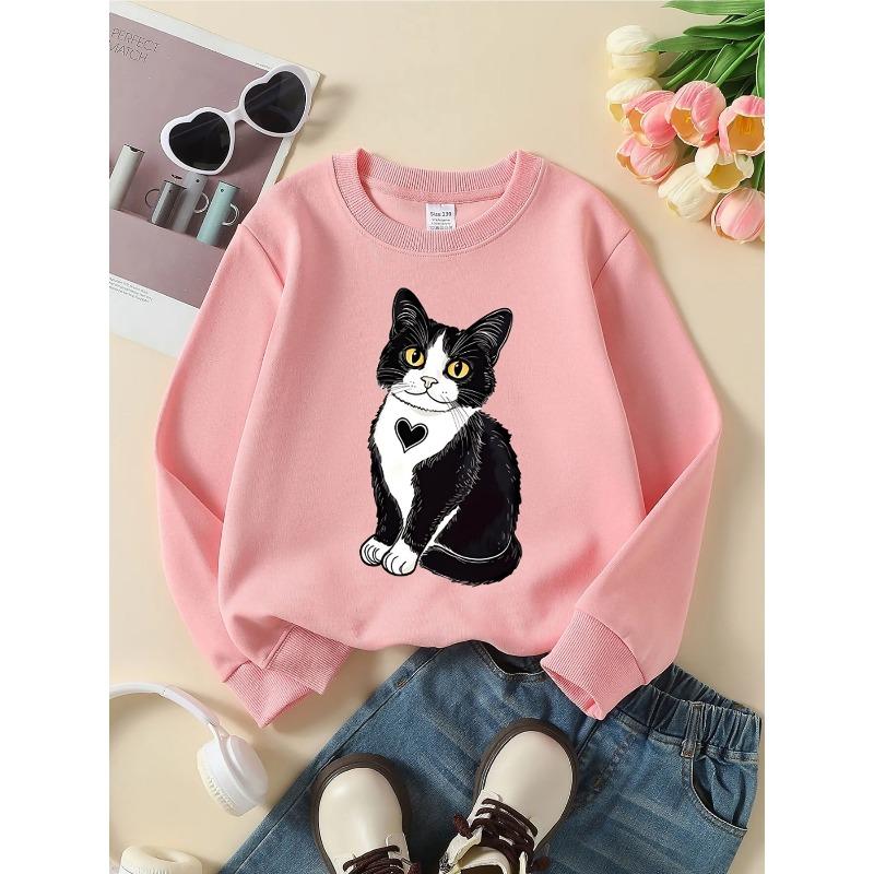Kids Sweatshirt - Black And White Cat with Heart Pattern Machine Washable, Spring And Autumn, Sportswear And Casual Wear, Soft And Comfortable