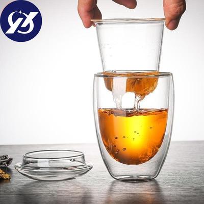 Dubbelwandige 3-in-1 glazen theekop met infuser en deksel Hittebestendige transparante theezeef Koffiefilter Drinkgerei