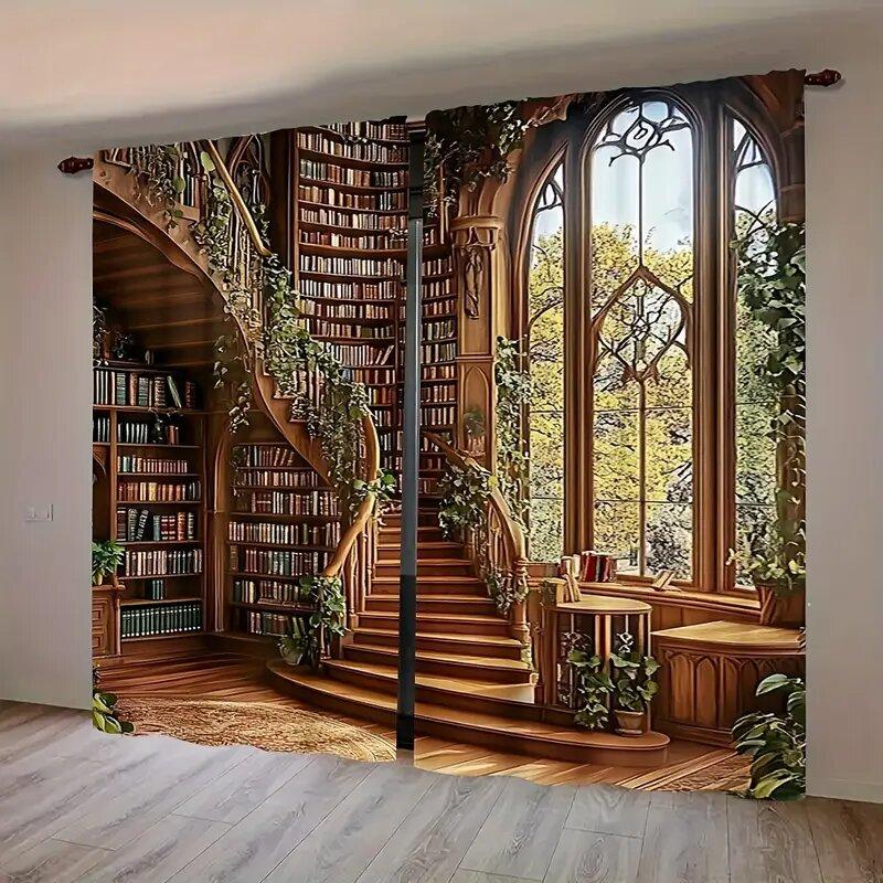 Cortinas impresas de la Biblioteca del Bosque, adecuadas para dormitorios y salas de estar, decoración del hogar, decoración familiar, Navidad