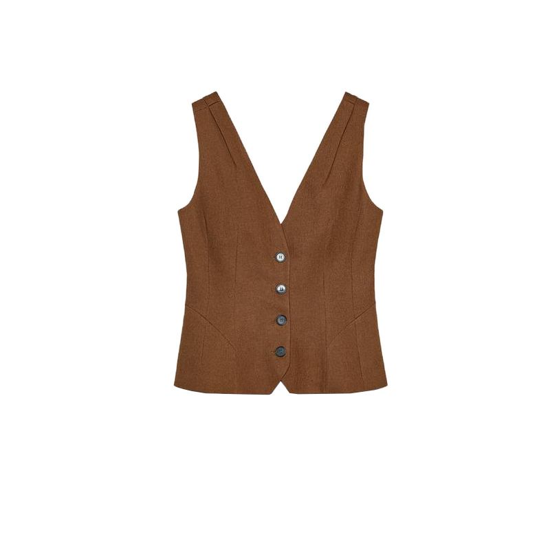 

Single Breasted Minimalist All-Match V Neck Sleeveless Vest 3503586 Linen Blend Casual Pleated Pants 2734586 Brown Tops L