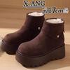 Leather thick-soled heightening small short boots winter new velvet thickened warm snow boots women's cotton shoes