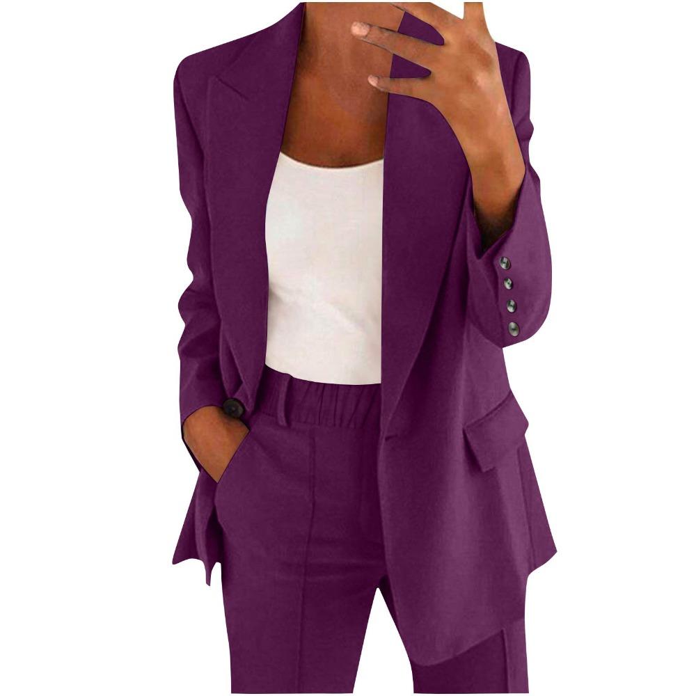 Damen Revers Langarm Blazer Hose 2-teiliges Outfit Elastische Taille Einfarbig Business Casual Anzug Set