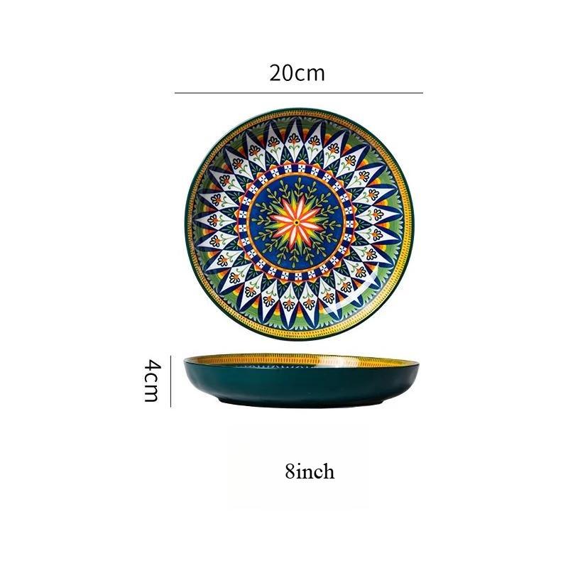Bohemian Hand Painted Ceramic Plate 7/8 Inch, Colorful Mandala Porcelain Dinner Plate, Vintage Decorative Serving Dishes for Kitchen Dining Home Decor