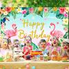 Hawaiian Tropical Summer Beach Background with Flamencos, Flowers, Aloha, Luau, Surfboard, for Parties, Photographic Studio Decoration