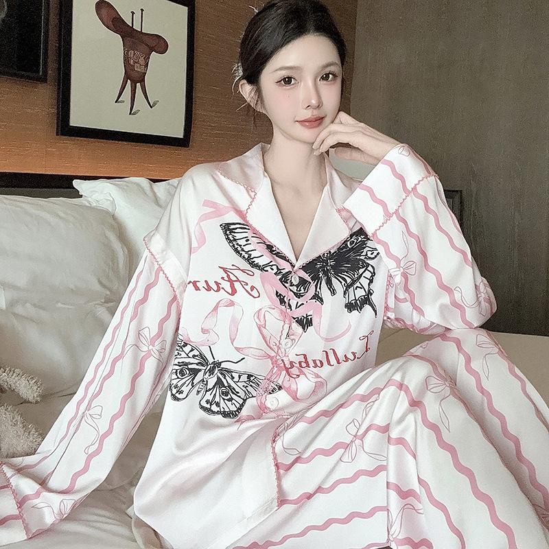 Pajamas Women's Spring and Autumn Ice Silk Long-sleeved Large-size Lapel Suit Can Be Worn Outside Summer New High-end Light Luxury Loungewear