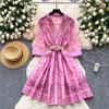 French retro fashionable suit collar five-quarter sleeve strap waist printed dress women's summer thin single-breasted short skirt