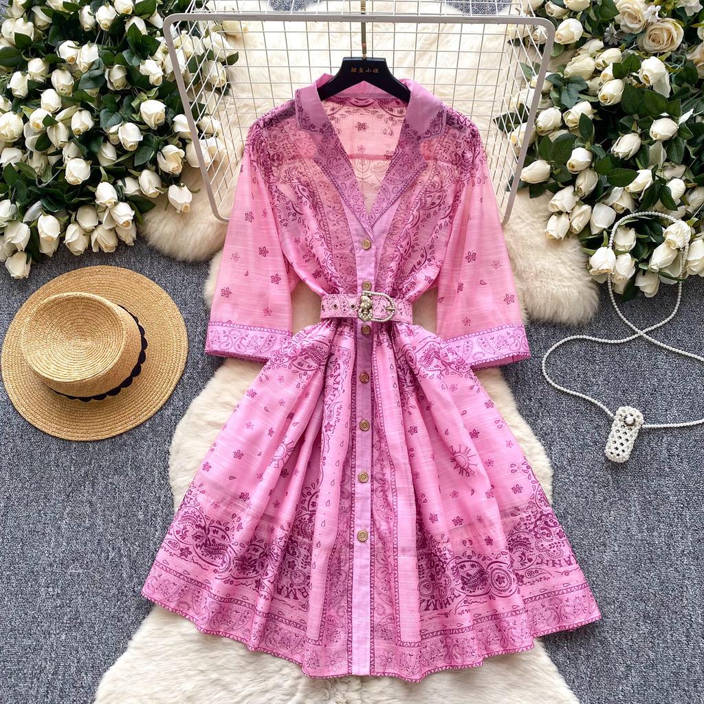 French retro fashionable suit collar five-quarter sleeve strap waist printed dress women's summer thin single-breasted short skirt