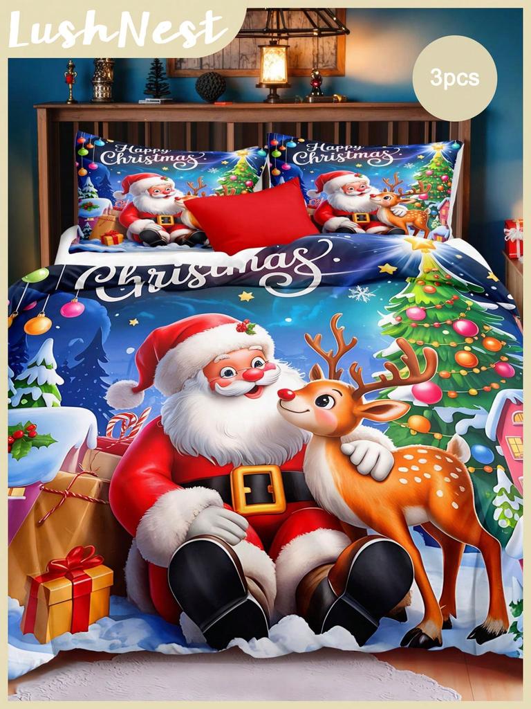 Christmas Bedding Set Merry Christmas Duvet Cover Set Christmas Printed 3 Pieces Christmas Room Decorations Comforter Cover Set