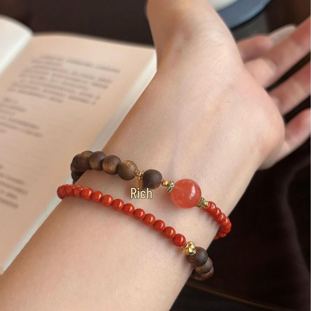 Natural Agarwood Double Circle Bracelet with Nan Hong Color Contrast - Supports Customization