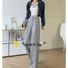 Gray High-Waisted Wide-Leg Pants for Petite, Loose Casual Commuter Style, Floor-Length for Spring/Autumn.