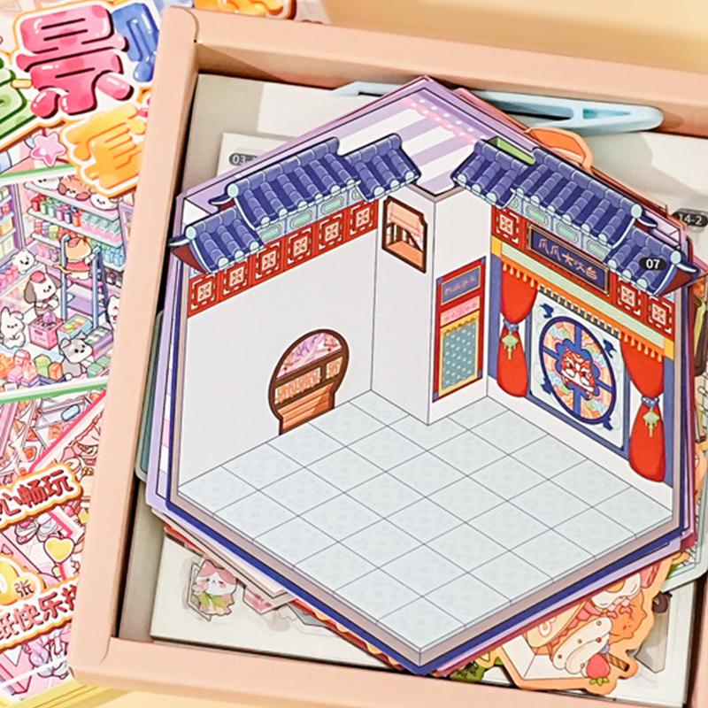 1Set Scenes Cartoon Landscape Sticker Book Diy 3D Stickers Cabin Scene Pocket Stickers Miniature Scene Stickers Birthday Gifts