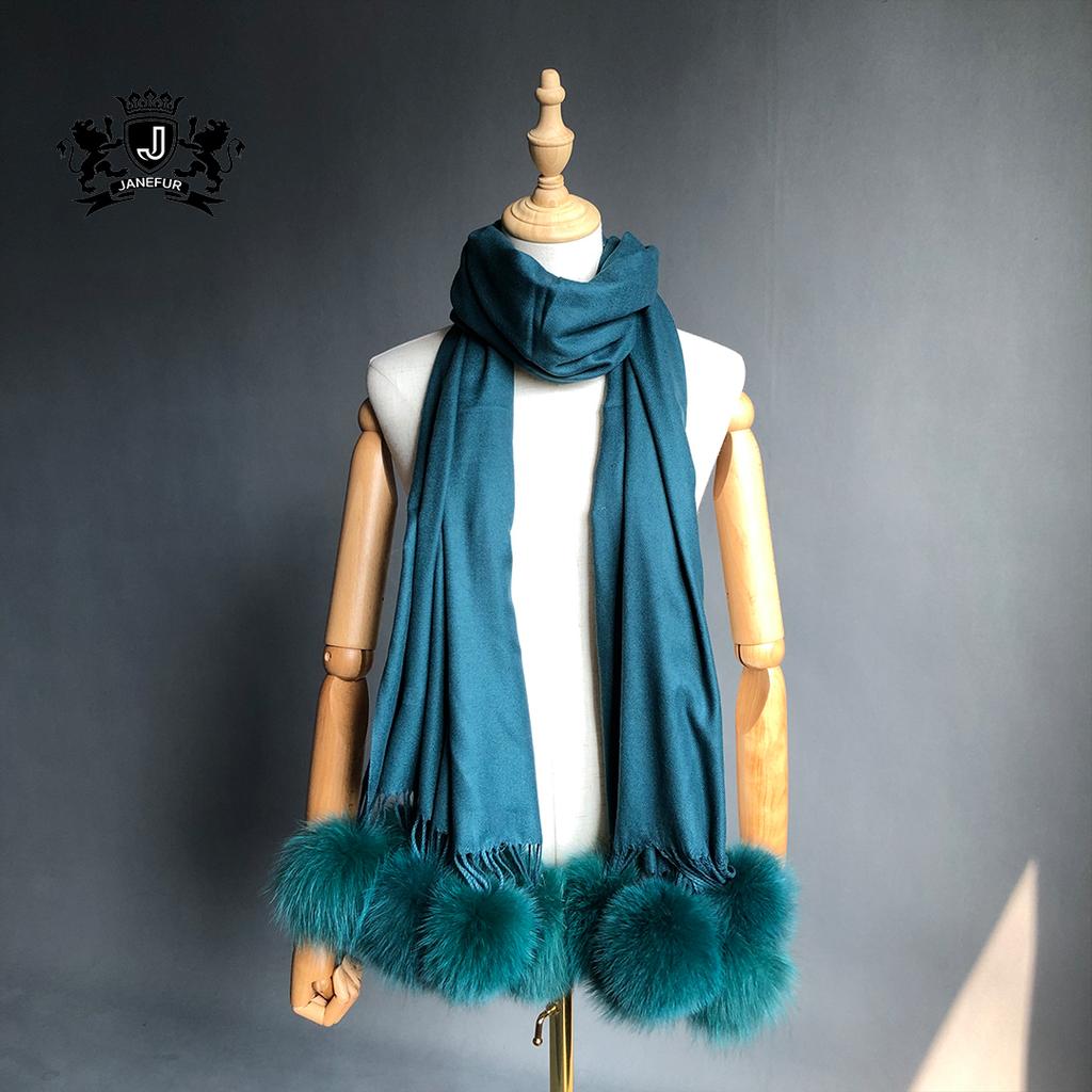 Factory Direct Pashmina Shawl Women Cashmere Scarf Shawl With Fox Fur Pompoms