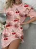 Women's Faux Furry Cherry Print Crew Neck Short Sleeve Casual Sleep Dress and Loungewear