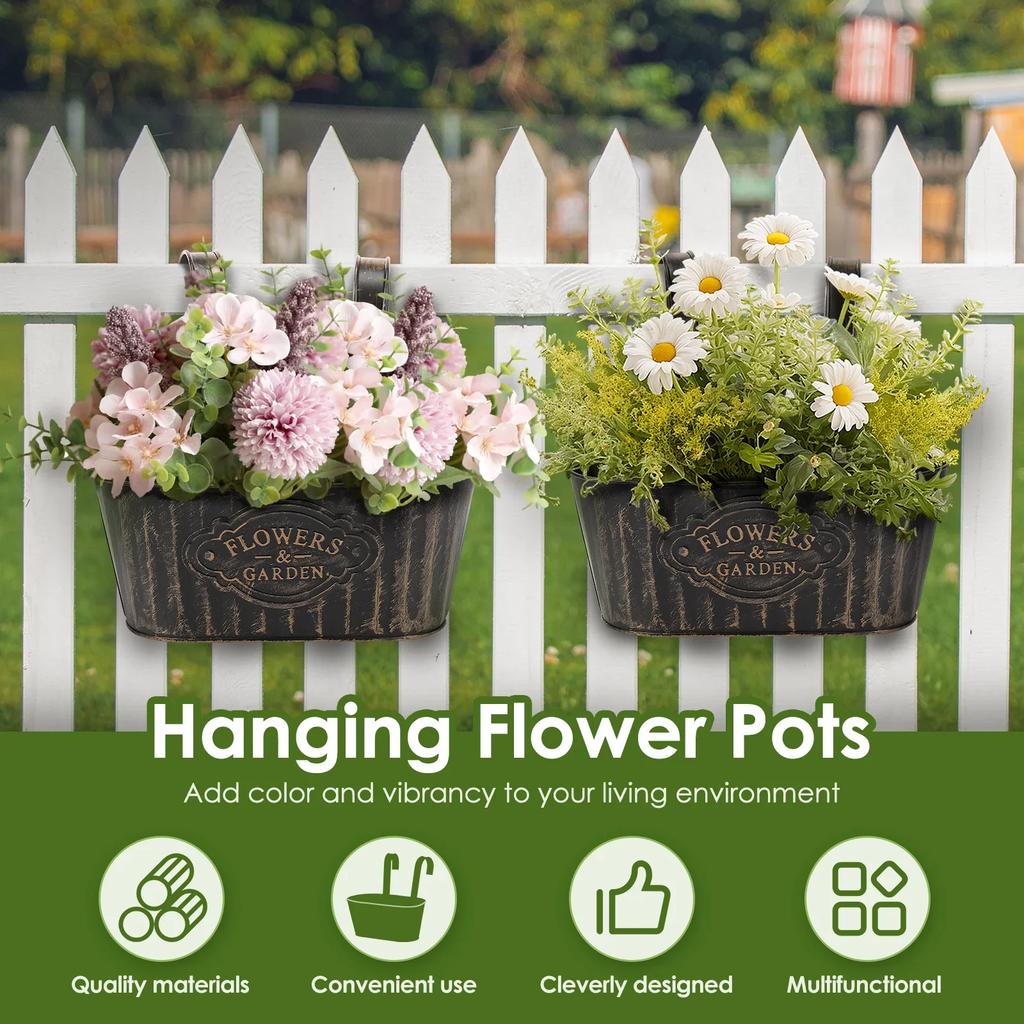 4Pcs Hanging Plants Planter Metal Iron Flower Pots Decks Railings Fence Buckets Outdoor Garden Balcony Decoration