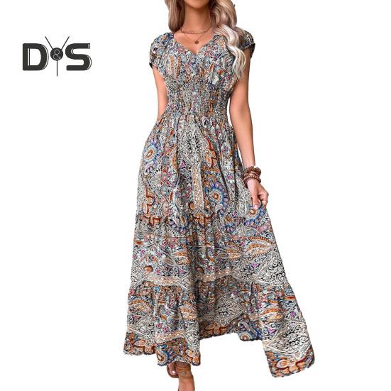 

Летнее платье макси с глубоким V-образным вырезом и коротким рукавом, цветной принт в стиле бохо, эластичное, с высокой талией, оборками и строчкой по подолу, пляжное платье А-силуэта 3XL оранжевый