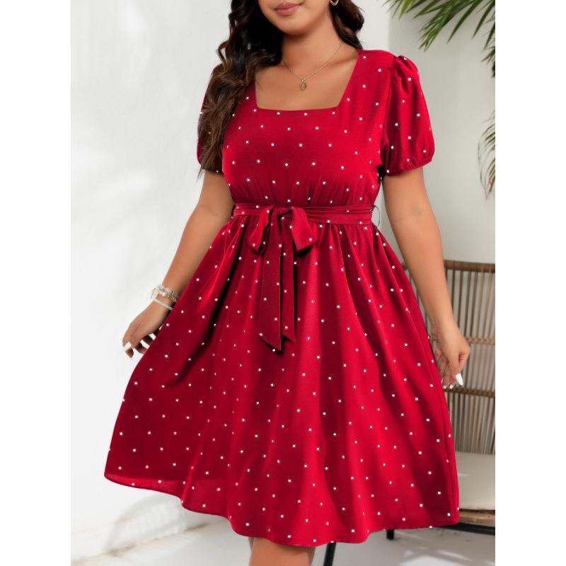 Summer Large Size Retro Polka Dot Dress Women Elegant Slim Waist Cinched Lace Up Square Neck Party Dress Fashion Elegant Sweet Casual Holiday Dresses