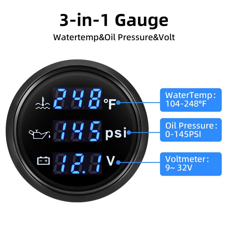 AD 52mm 3 in 1 Auto Gauge Water Temperature Oil Pressure Voltage With Alarm 1/8NPT Oil Press Water Temp Sensor For Car 12V 24V