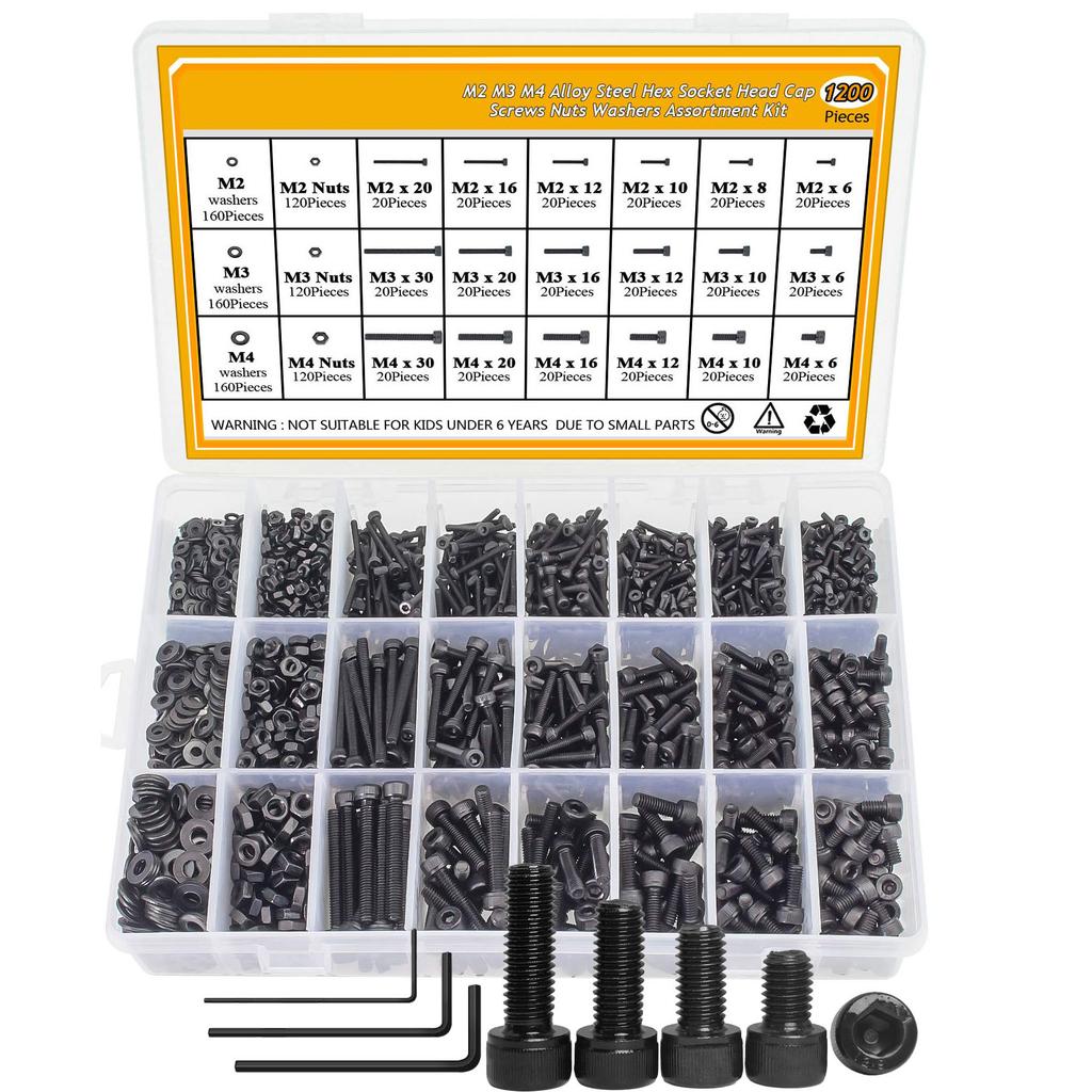 Sada 1200 ks černých šroubů s válcovou hlavou a šestihrannou drážkou, šroub s talířovou hlavou, matice, plochá podložka, krabička na šrouby