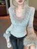 Feel French Lace Slimming Sweet Patchwork Long Sleeve Thinning Fur Collar Women's Autumn Top
