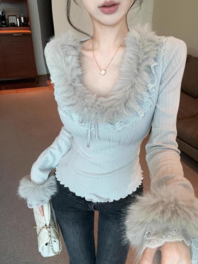 Feel French Lace Slimming Sweet Patchwork Long Sleeve Thinning Fur Collar Women's Autumn Top