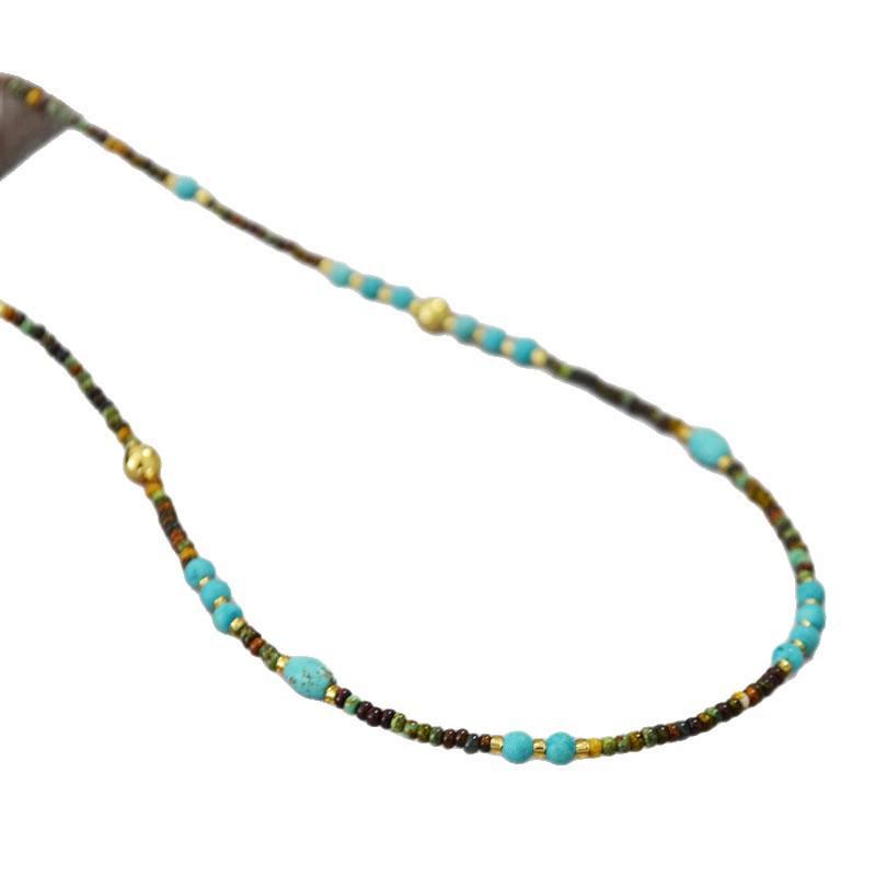 French Retro Minimalist Turquoise Seed Bead Choker Necklace for Women