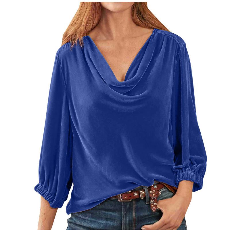 Złoty aksamitny sweter z kołnierzykiem, plisowana koszula z długim rękawem, damska, ponadgabarytowa, czarna, zielona, ​​niebieska, luźna bluzka Top