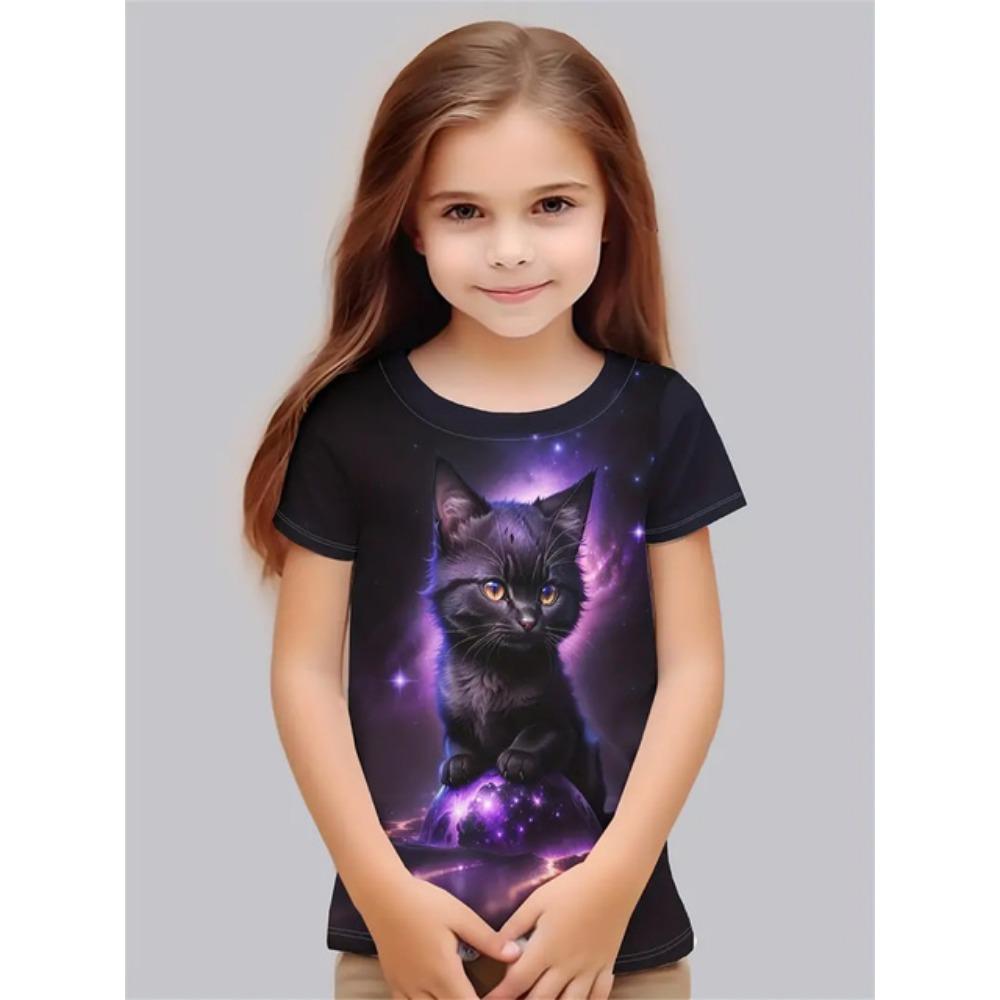 Roupa de Menina 2025 Gato de Desenho Animado Animal Fofo Estampa 3D Moda Casual Camisetas Engraçadas Camisetas de Menina Top de Verão de Manga Curta