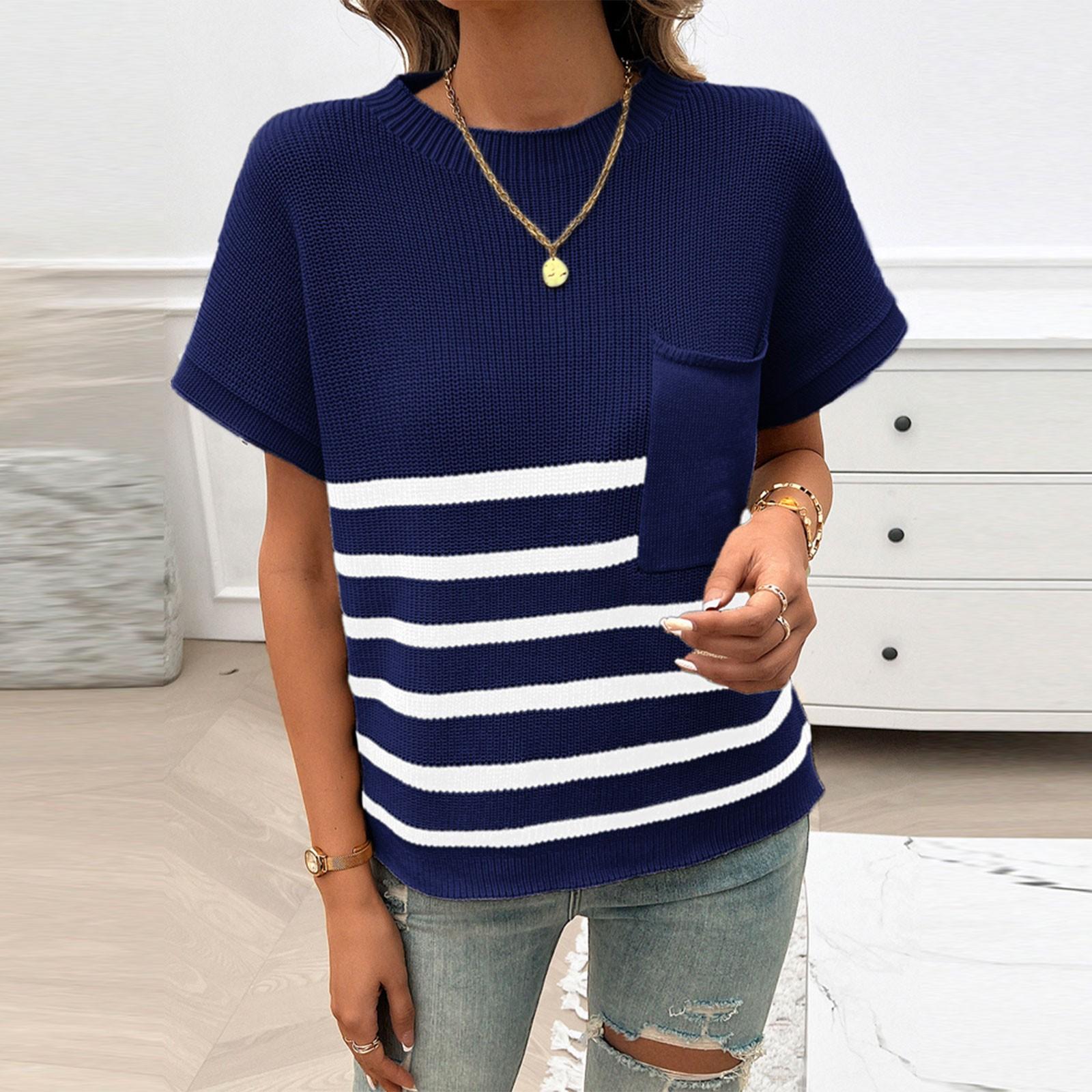 

Women s Fashion Casual Loose Temperament Round Neck Striped Contrast Color Short Sleeve Sweater L Темно-синій