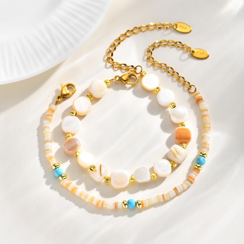 Boho Beaded Bracelet Natural Shell Turquoise Bead Chain Stackable Layering Bracelet for Women Summer Beach Jewelry