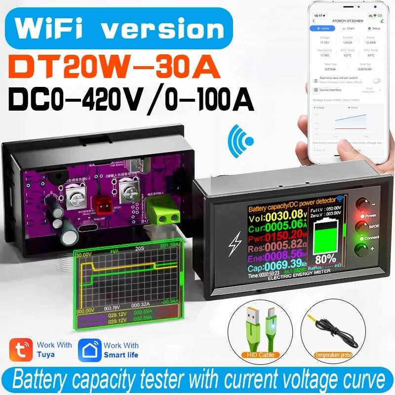 DT20 DC-Messgerät Lithium-Batterie-Leistungskapazitätstester 420 V 30 A-600 A Gleichspannung WiFi Online-Version Bidirektionales Amperemeter