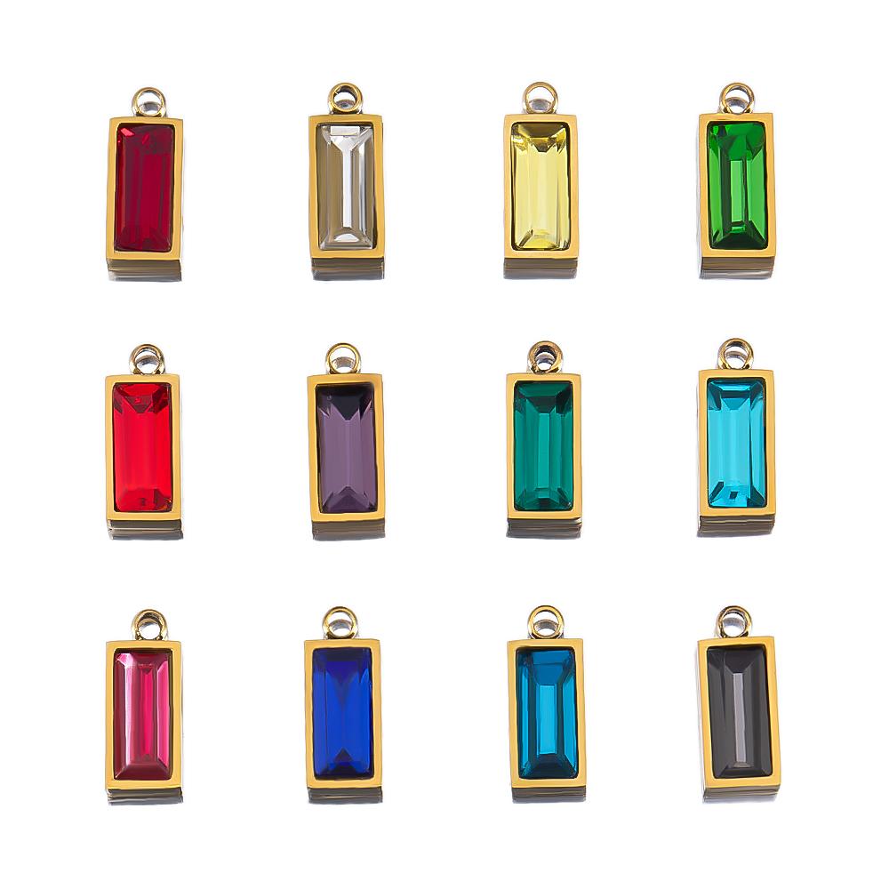 2pcs Luxury Zircon Birthstone Charm Stainless Steel PVD Gold Plated Pendant 4x10mm DIY Bracelet Necklace Jewelry Accessories